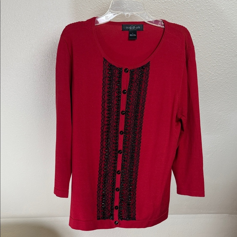 AUGUST SILK Red & Black Cardigan with beads and lace. Size Large